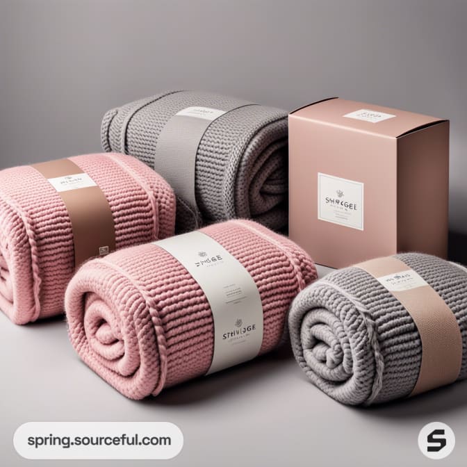 Folded pink and gray knit blankets next to branded cardboard packaging on a gray surface.