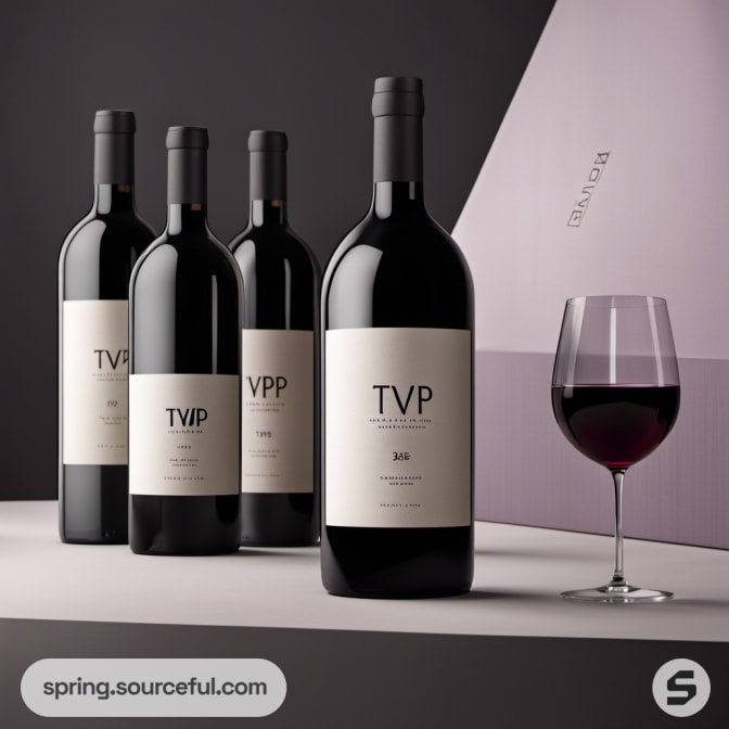 Four red wine bottles with minimalist labels on a sleek table.