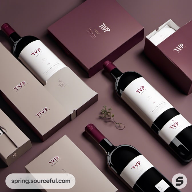 Assorted wine bottles and elegant packaging laid flat.