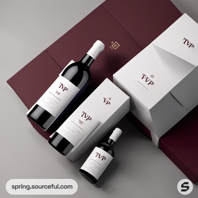 Three wine bottles in luxurious burgundy and white packaging.