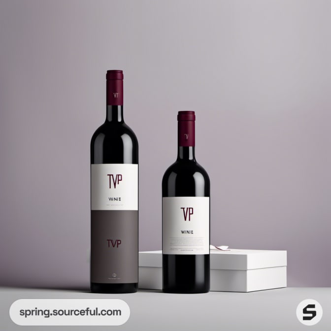 Two wine bottles with sophisticated labels beside a white box.