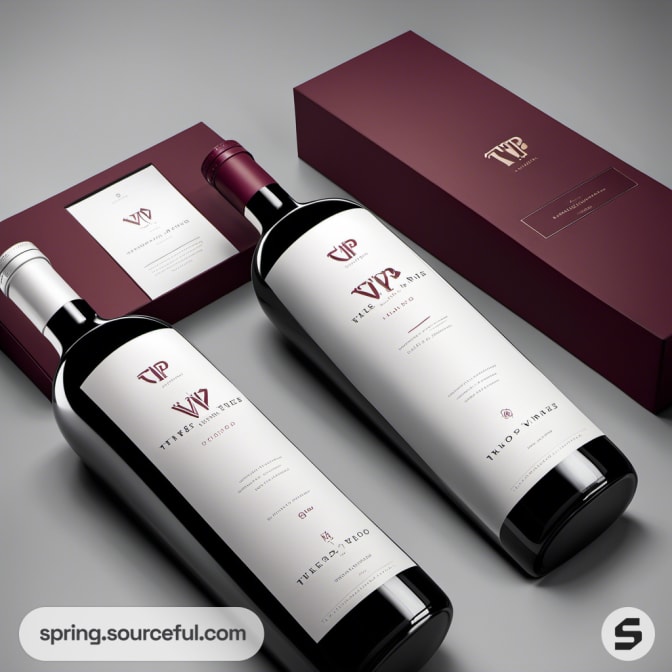 Two red wine bottles with matching burgundy boxes.