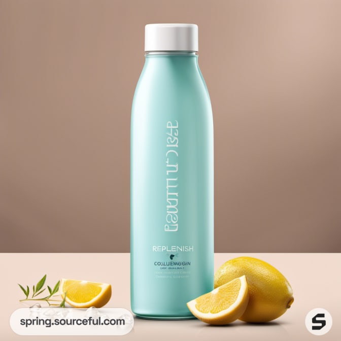Aqua blue bottle with sliced lemons on a beige background.