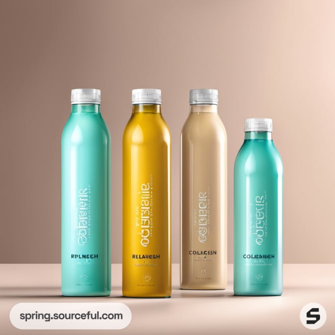 Four bottles in various colors on a beige gradient background.