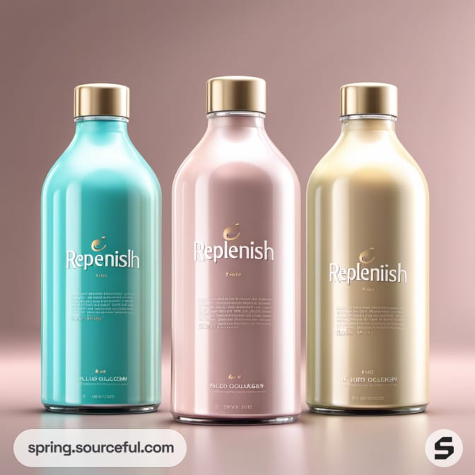Three pastel-colored bottles with gold caps on a soft focus background.