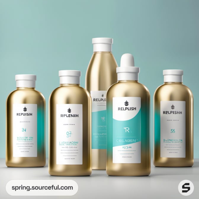 Five gold and aqua bottles with white labels on a light teal background.