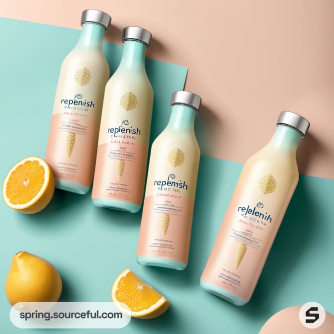 Four peach and aqua bottles with lemons on a pastel background.