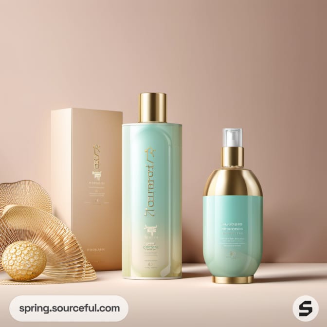 Two blue and gold bottles with packaging on a beige setting.