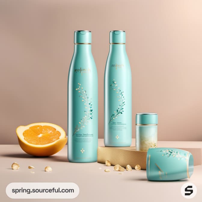 Aqua bottles and jar with cut orange on a beige background.