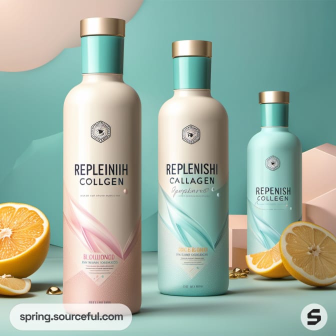 Three collagen bottles with citrus fruits on a teal background.