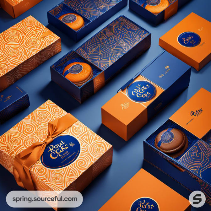 Elegant blue and orange packaging with circular patterns, featuring sliding and ribboned gift boxes.