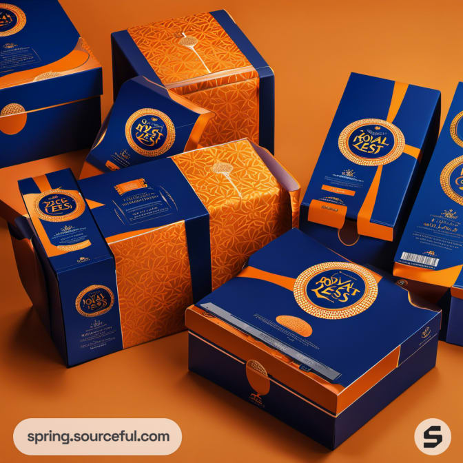 Royal blue and vibrant orange packaging with geometric and circular motifs, suggesting elegance.