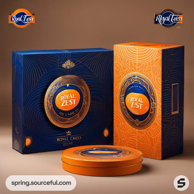 Blue and orange luxury packaging with ornate patterns and circular logos; premium presentation.