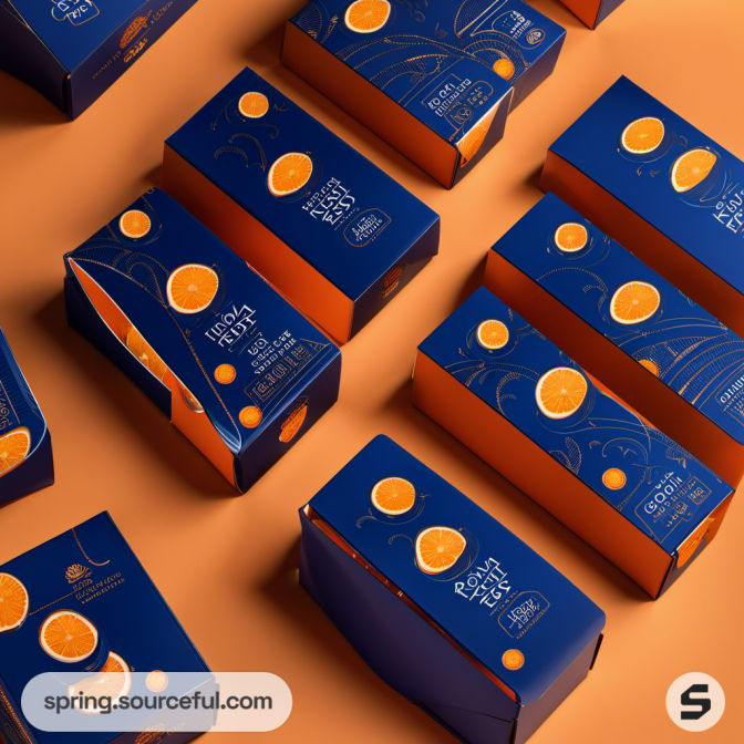 Orange and blue gift boxes with circular design features, embodying sophistication and style.