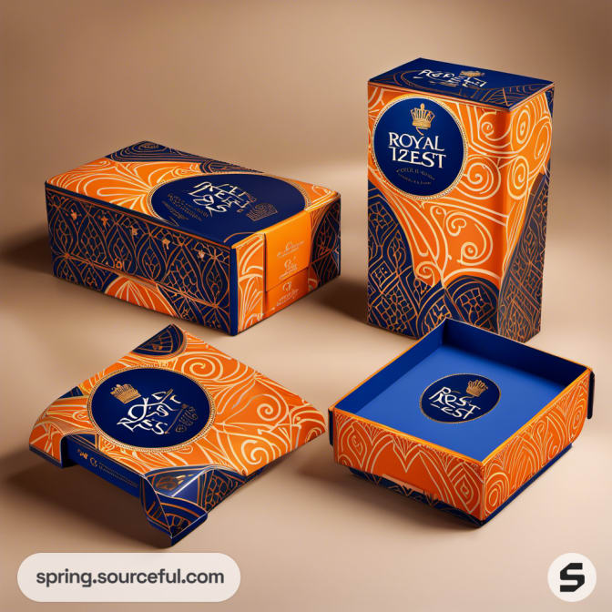 Intricate orange and blue packaging with luxurious design elements, exuding elegance.
