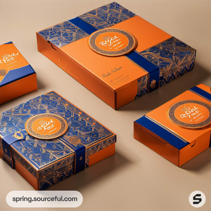 Orange and blue rectangular boxes with decorative patterns, conveying a sense of richness.