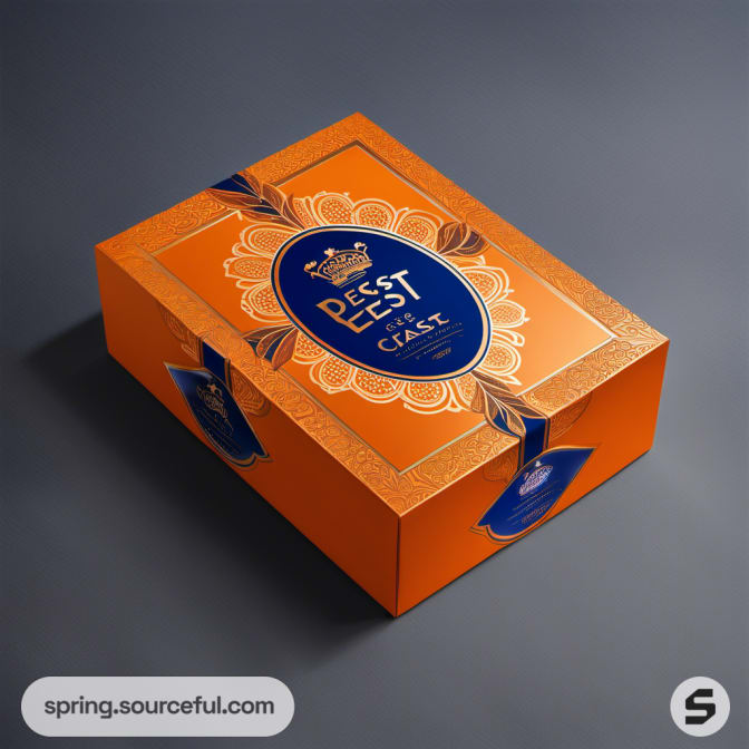 Opulent orange gift box with floral details and royal blue accents, suggesting luxury.