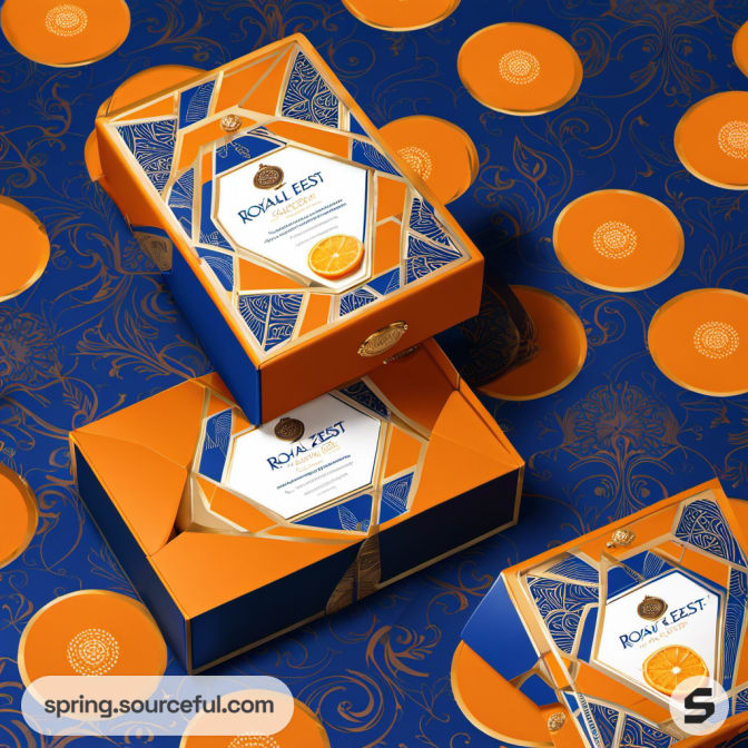 Blue and orange patterned packaging with circular elements, emphasizing elegance and luxury.
