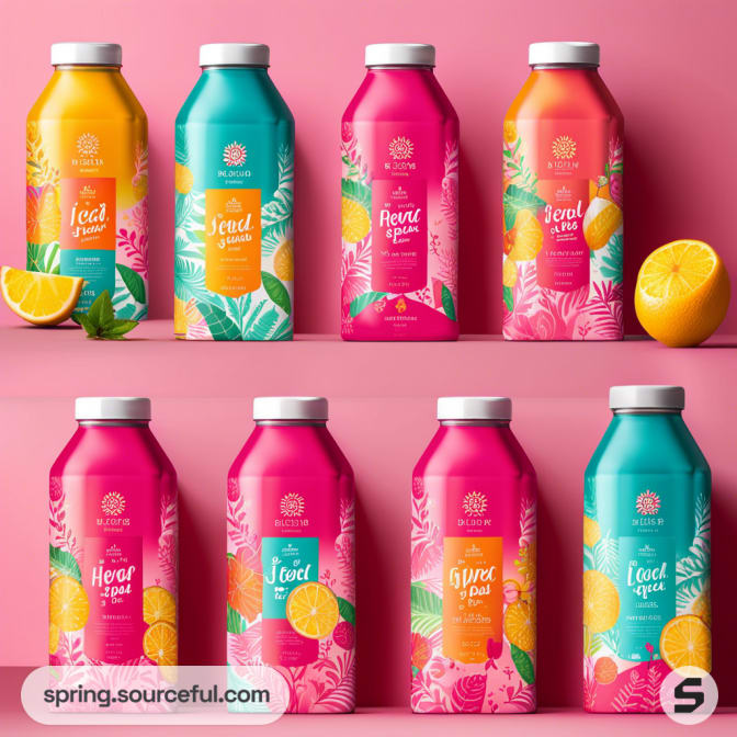 Colorful juice bottle collection with tropical fruit designs against pink background.