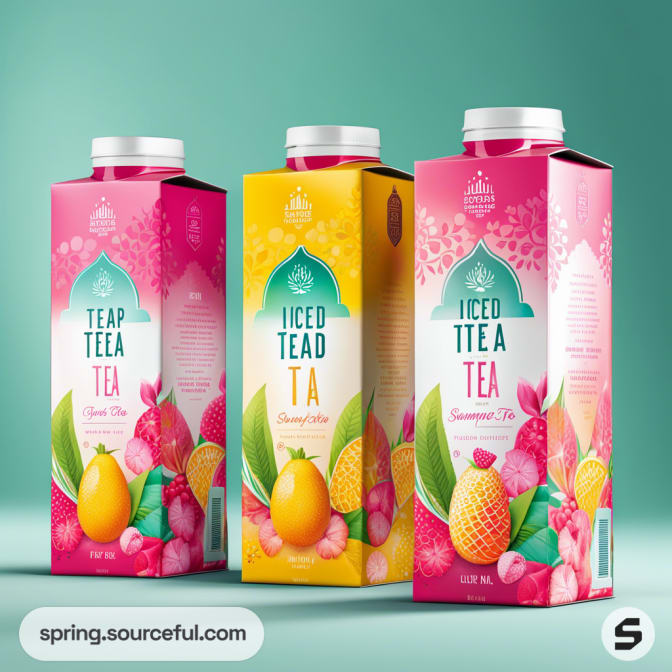 Three cartons of iced tea in pink and yellow, featuring fruit illustrations, on a teal background.