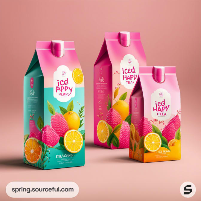 Colorful beverage cartons featuring fruit designs in pink and green shades on a peach background.