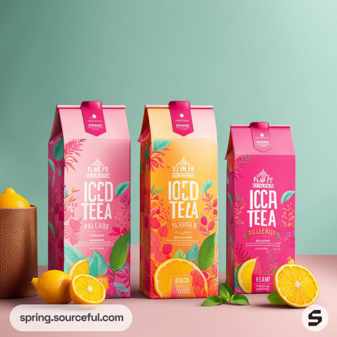 Three vibrant iced tea cartons in pink hues with citrus and floral designs, set against a pastel green background.