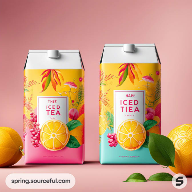 Colorful juice cartons with fruit illustrations against a pink background.