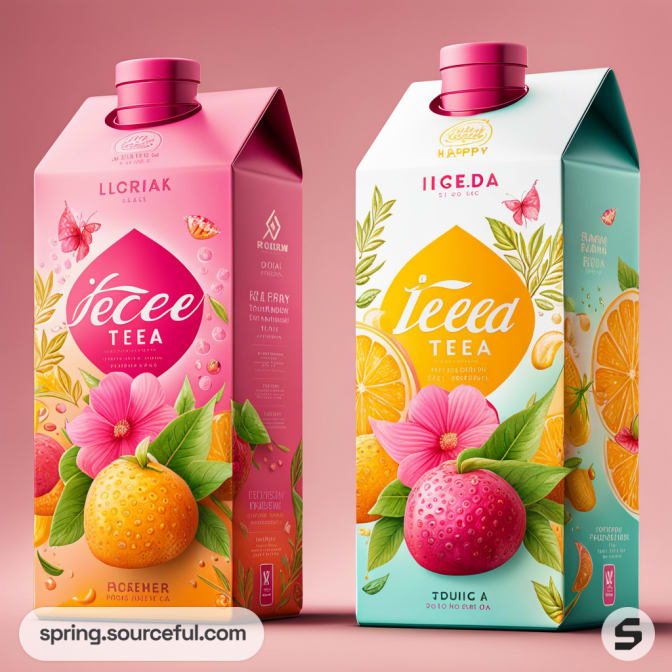 Pink and turquoise juice cartons with citrus fruit designs on a pastel background.