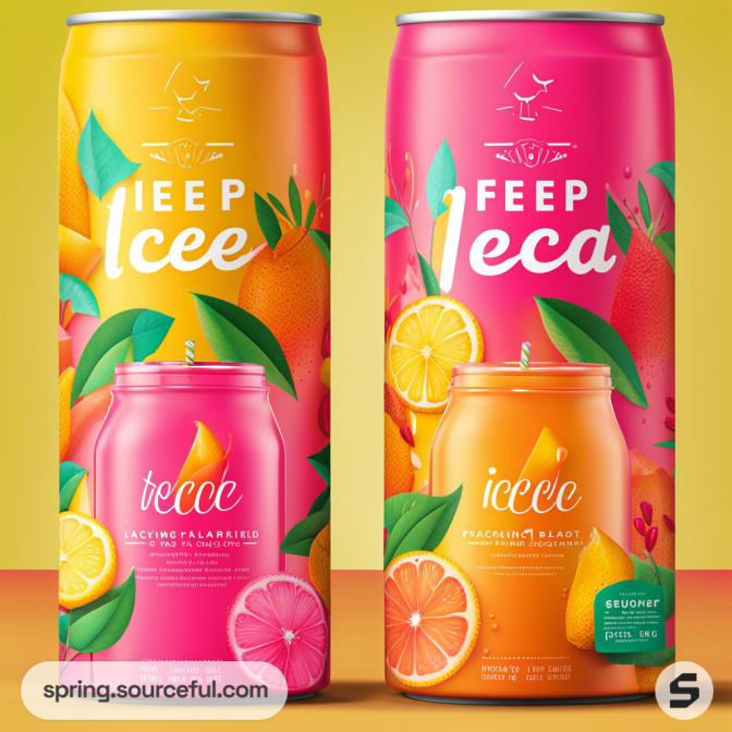 Two tall beverage cans with colorful fruit illustrations and leaf designs on a yellow and pink gradient background.