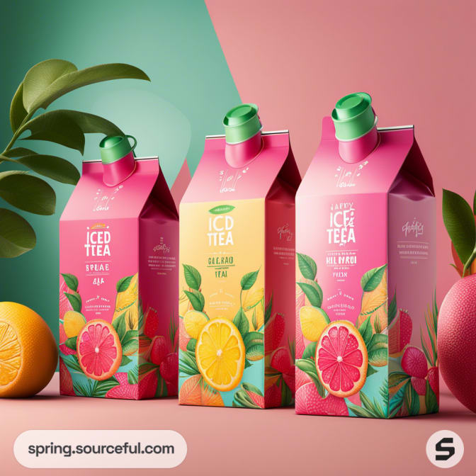 Three colorful iced tea cartons with fruit illustrations, set against a pink and green background.