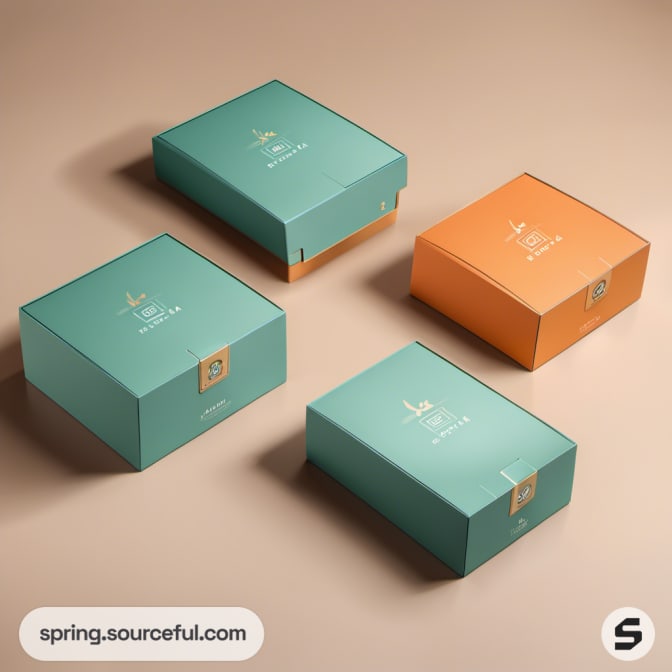 Four assorted packaging boxes in teal and orange on a beige background.