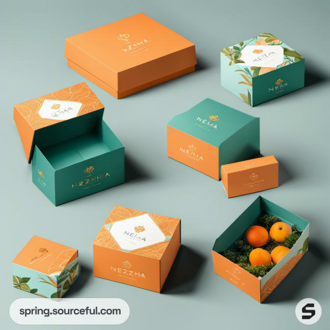 Oranges in green and orange packaging boxes with leaf designs.