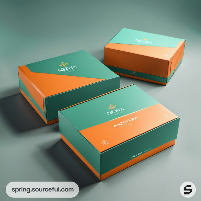 Green and orange packaging boxes with angular designs on a teal surface.