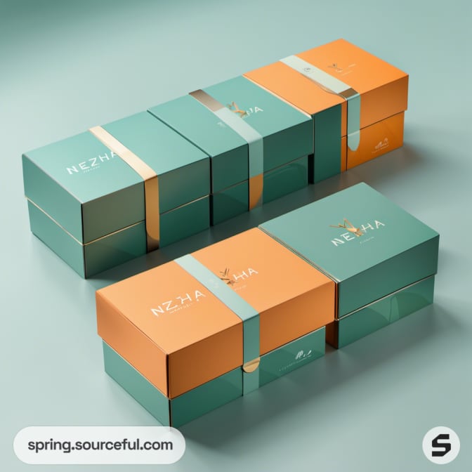 Stacked green and orange packaging boxes with metallic accents.