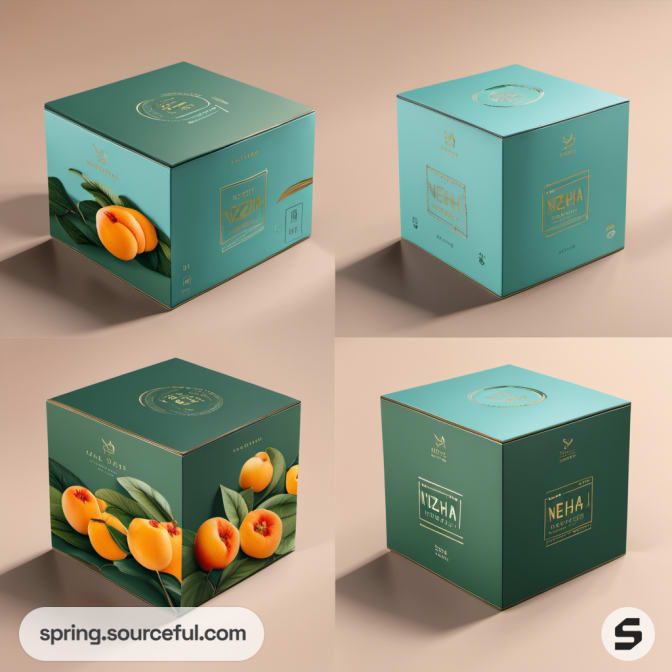 Square boxes with peach images and green backgrounds.