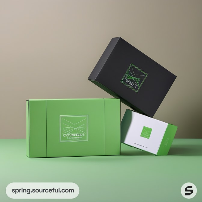 Three assorted mailer boxes in green and black with minimalist design
