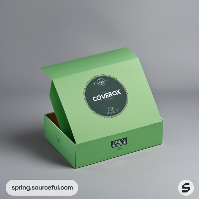 Green flip lid box with circular label on minimalist grey background