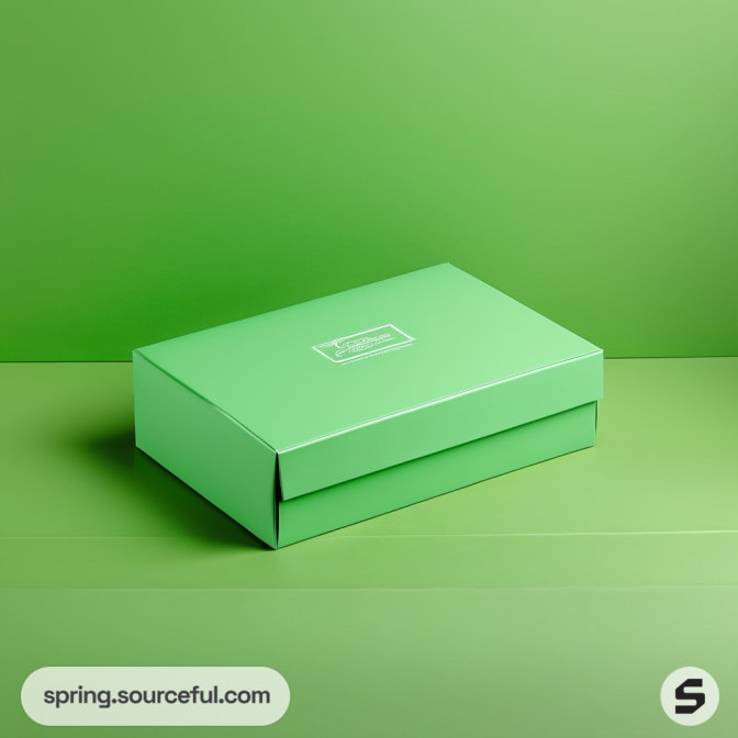 Closed green mailer box on green background, simple design