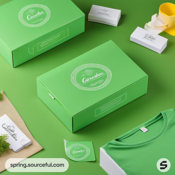Eco-friendly green packaging with t-shirt and accessories neatly displayed