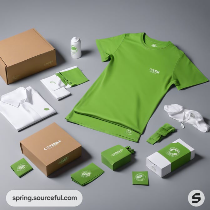 Green t-shirt and accessories laid out with eco-friendly packaging