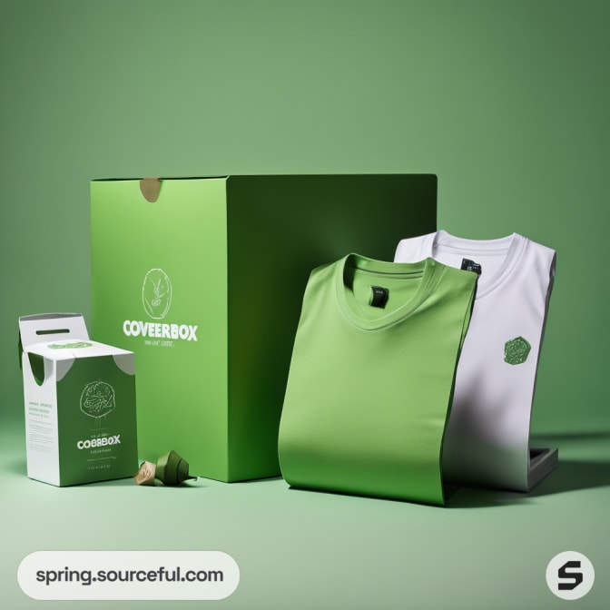 Two folded t-shirts with green and white packaging against green background