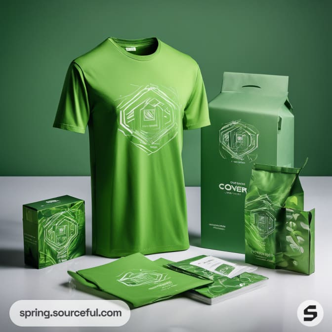 Green t-shirt displayed with matching packaging and eco-friendly items