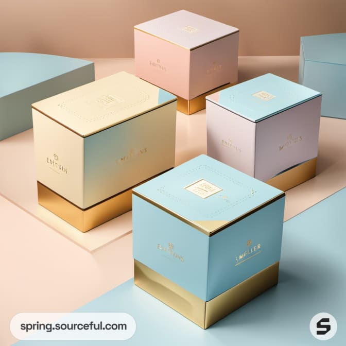 Pastel cubic boxes with gold accents arranged on a beige surface.