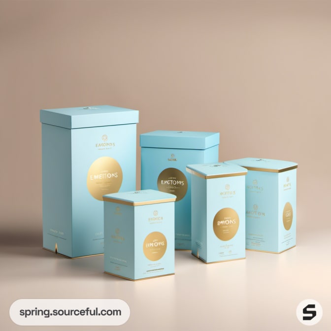 Tall blue boxes with gold designs in varying sizes on a beige backdrop.