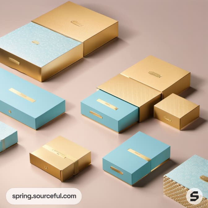 Blue and gold rectangular boxes with elegant designs scattered.