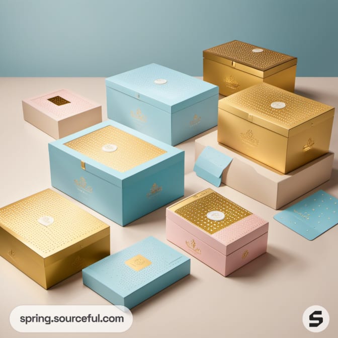 Collection of pastel boxes with gold lids and patterns on display.