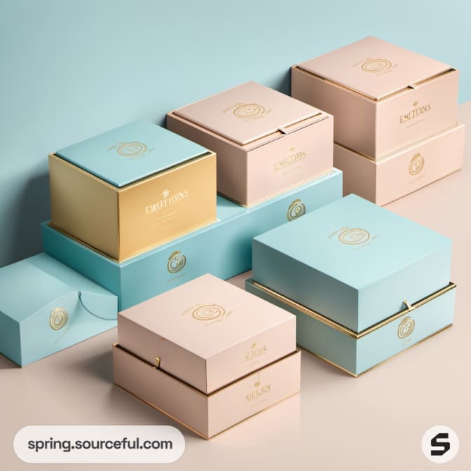 Stacked blue and pastel square boxes with gold detailing.