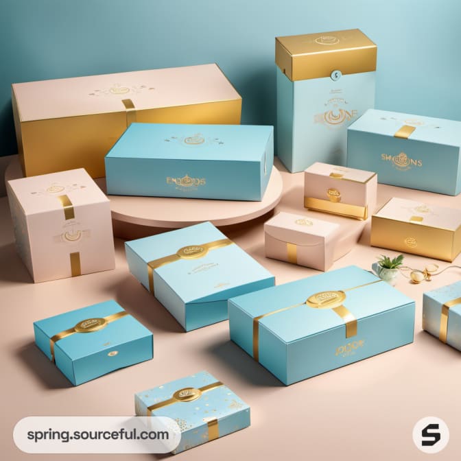 Variety of blue, gold, and beige boxes with ribbon details.