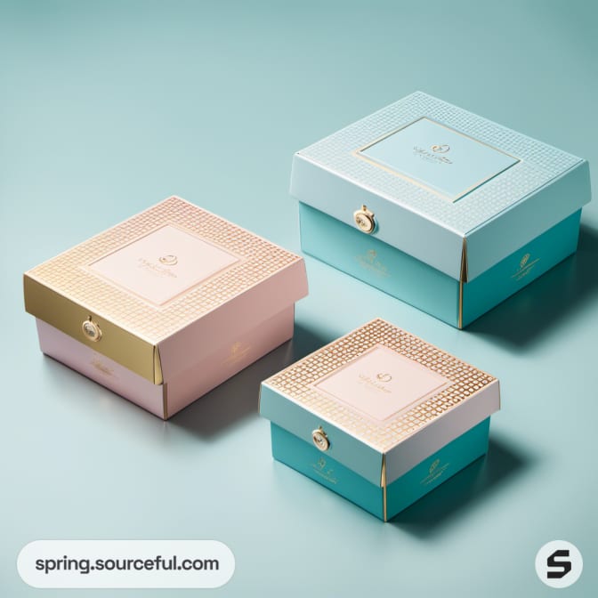 Trio of luxury boxes in blue and pink with gold embellishments.