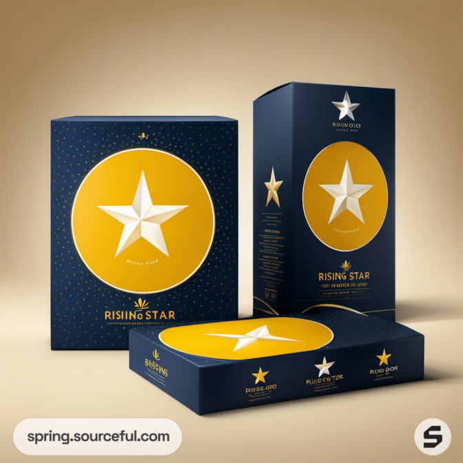 Dark blue and yellow boxes with star design, mailer packaging.